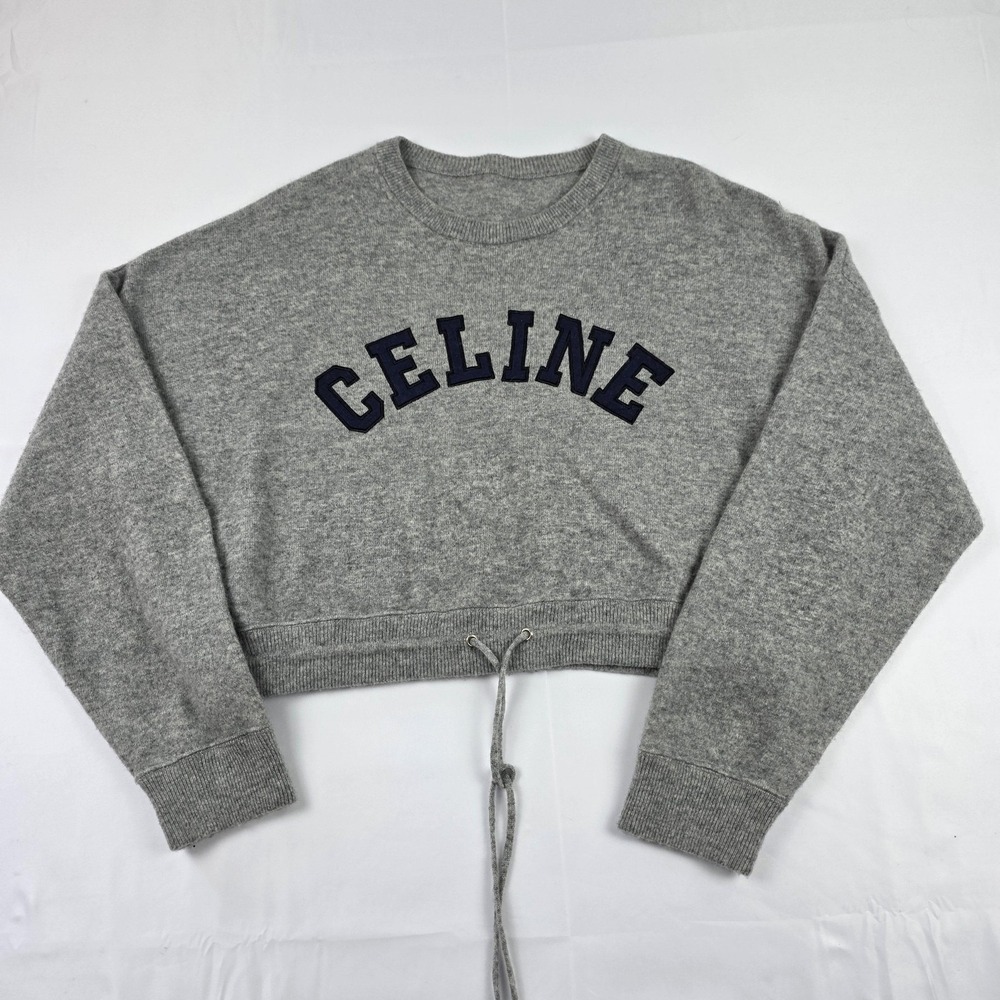 Celine Sweater Womens M Gray Wool Cashmere Logo Cropped Drawstring Pullover